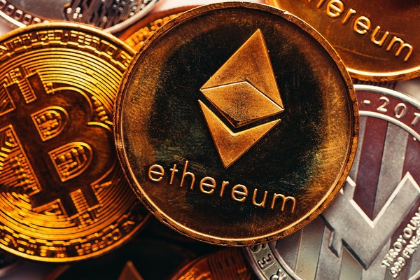 Close-up of a gold Bitcoin cryptocurrency coin